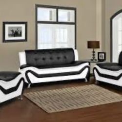 Modern Style Black And White Leather Three Piece Couch Set