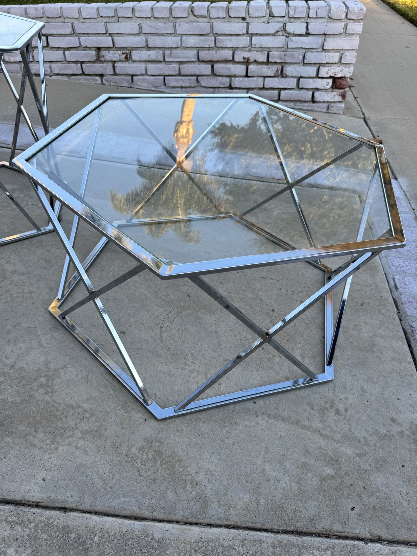Modern Chrome & Glass Hexagon Coffee Table – $40