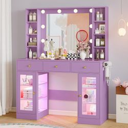 New Makeup Vanity Desk with Mirror and Lights, White Vanity with Glass Top, LED Lights & Power Outlet, 3 Drawers & 2 RGB Glass Cabinets, Adjustable Li