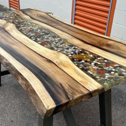 New Handcrafted Dining Table cobblestone River Table,home office desk,rainbow Poplar Wood Slab,L70”*W36”*H34”