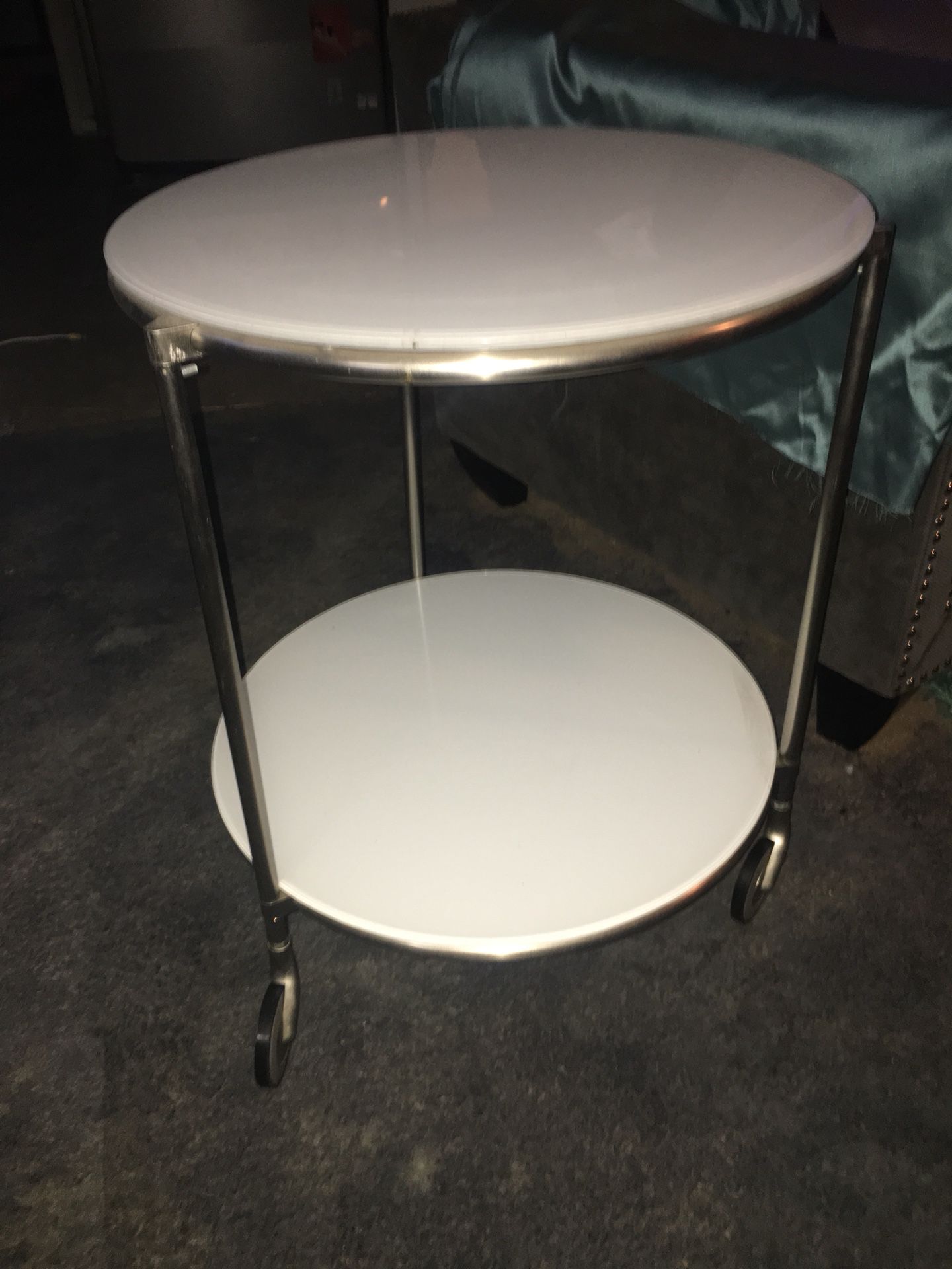 2 tier round white glass table on wheels