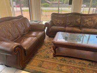 Brown Leather Sofa and Loveseat Set and 3 tables