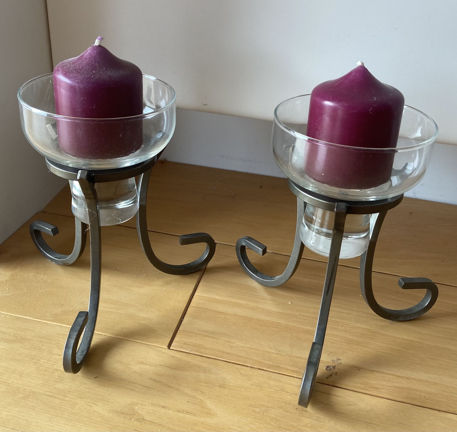 2 Pewter Candle Holders w/ Glass Cups and Candles.