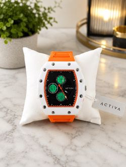 Activa White and Orange Tonneau Analog-Digital Watch