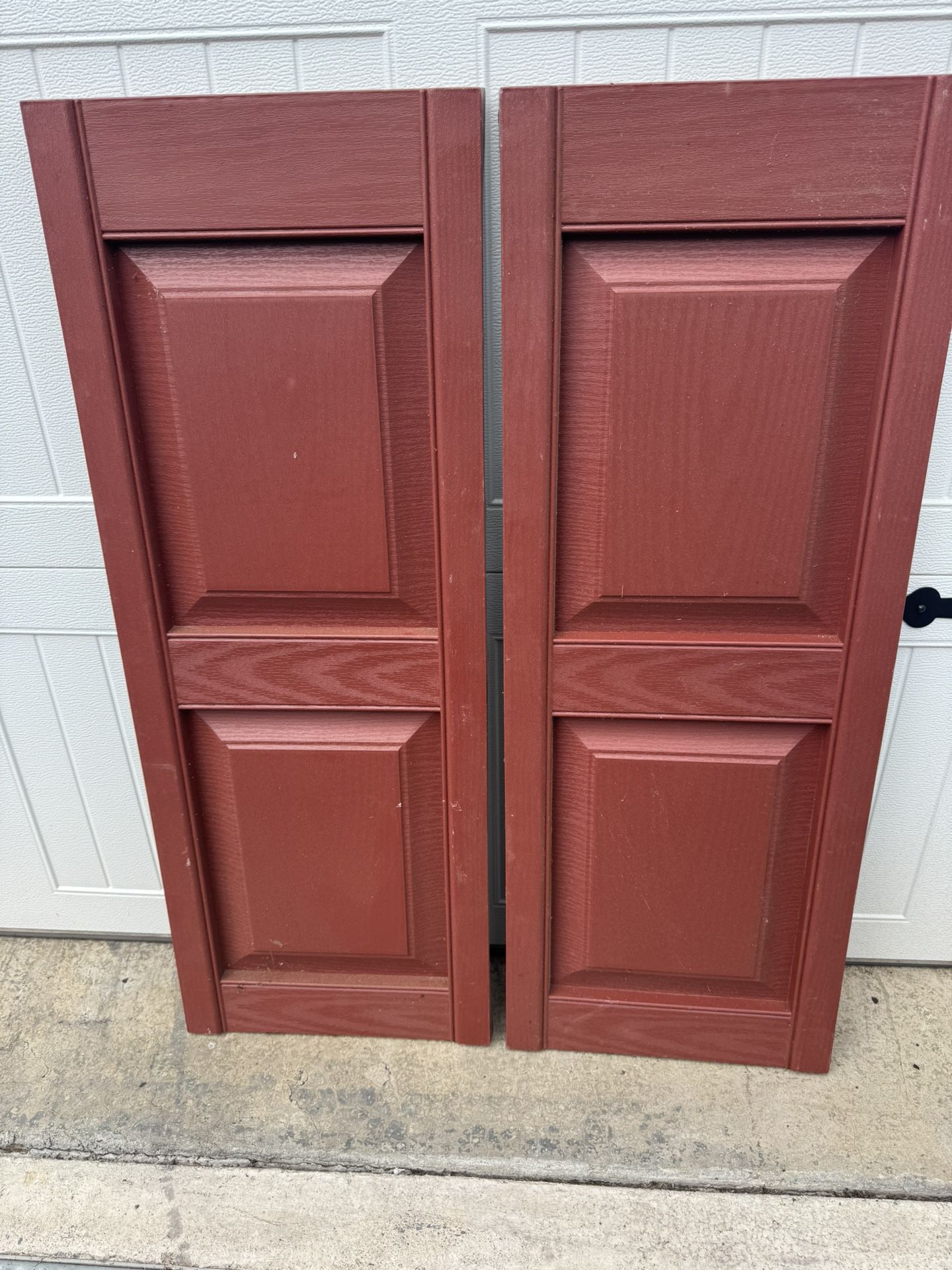 New Maroon Vinyl Shutters 38 1/2” x 14 1/2”. No Hardware. Must Pickup