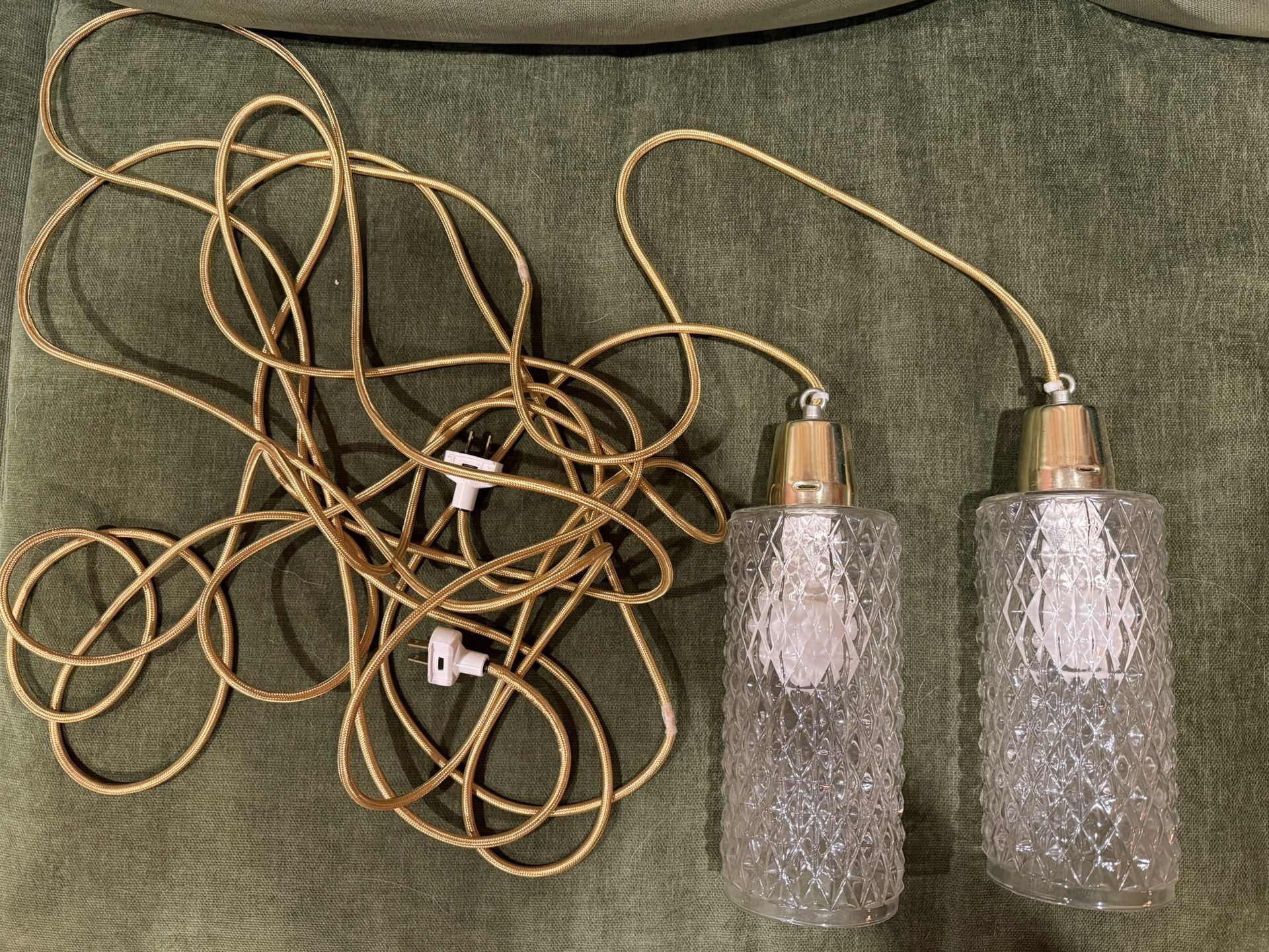 Set Of Two Vintage Brass And Glass Pendant Lights