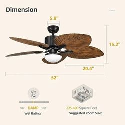 52 in. Indoor/Outdoor Black Retro 5 Palm Leaf Shaped Blades Ceiling Fan