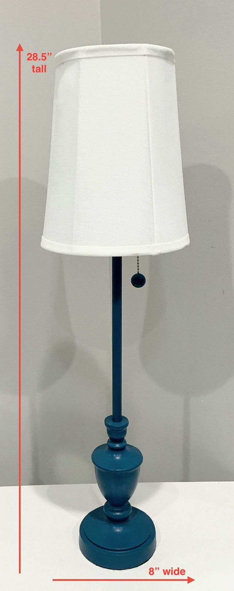 Tall Skinny Freshly Painted Coastal Blue Resin Lamp with Matching Pull Chain & White Shade