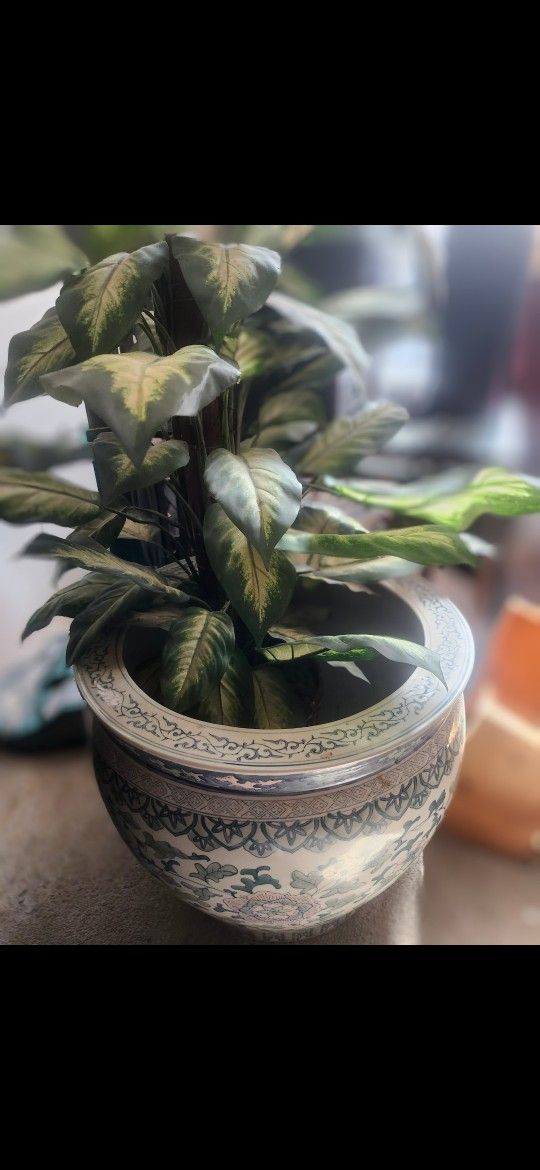 Antique Planter With Fake Plant
