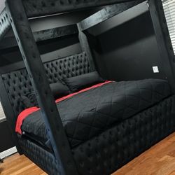 Black Grey Or Ivory Canopy Bed Frame Button Tufted 87” Tall Foundation Needed Brand New In Box Firm Price Queen $599 Eastern King $640