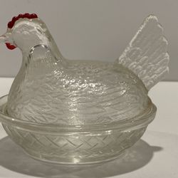 Vintage Small Clear Glass Hen On A Nest Red Comb and Wattles