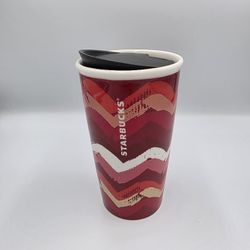 Starbucks Coffee Tumbler Mug Cup 2014  Red White Gold Stripes Ceramic Siren 10oz