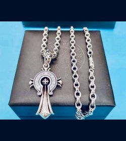 Chrome Hearts Style Cross Stainless Steel Pendant And Link Paper Chain 21” Necklace