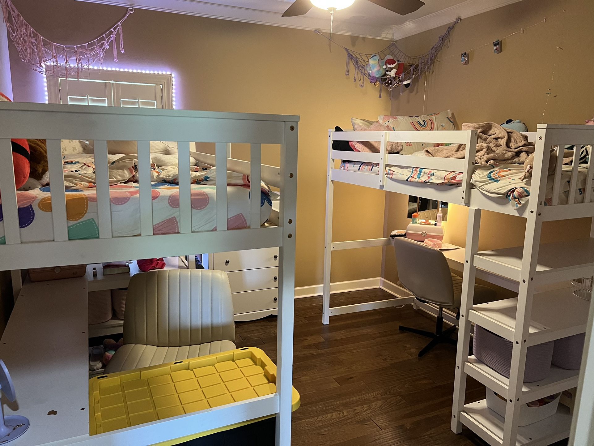 Two Twin Loft Beds With Desk and 4 Built-in Shelves