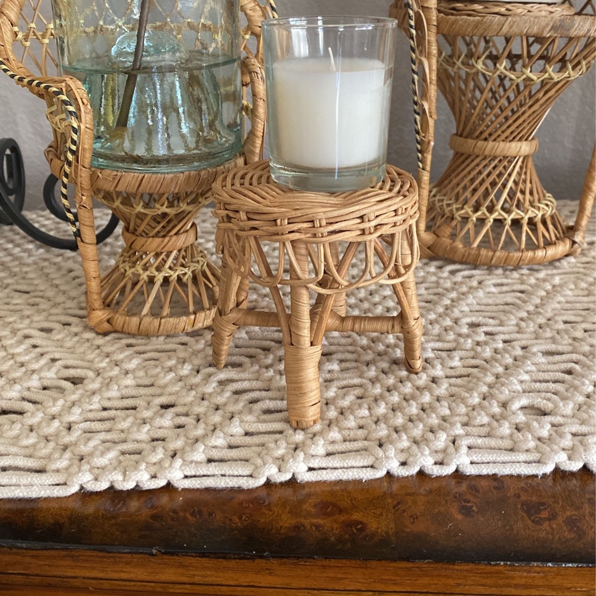 Wicker Doll Footstool To Display Plant/candle 3 1/4 Width 3 1/2 Ht