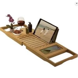 Bamboo Bath Caddy Bathtub Tray Adjustable Waterproof 