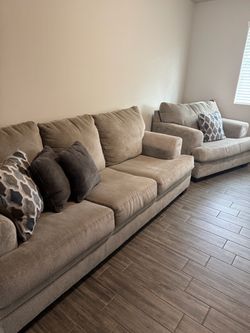 Tan Fabric Sofa and Oversized Chair