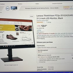 Lenovo ThinkVision P32p-20 31.5 Inch LED Monitor