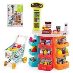 NEW 76 PCS Plastic Supermarket Play Store Stand with Shopping Cart & Basket, Cash Register, Scanner with Light & Sound