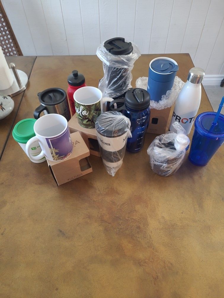 Brand New Mug Cups, Thermos Water Bottles, All New..