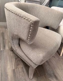 Pemberly Row Barrel Back Accent Chair in Gray Boucle with Nailhead Trim