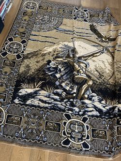 Brand New- Mexican Mayan Warrior Blanket 91x81 7.5x7 Queen Full Black Green Bedspread 