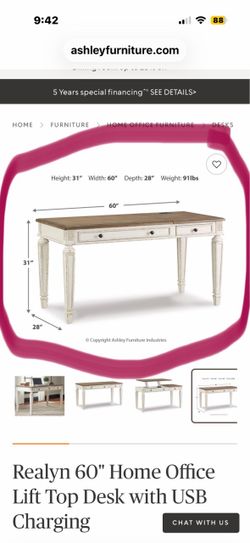 make offer - Realyn 60" Home Office Lift Top Desk with USB Charging
