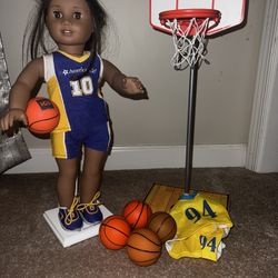 Julie’s Basketball Court. American Girl, Brand, Doll Basketball Hoop With Two Uniforms And Extra Basketballs