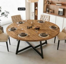 59”Large Round Dining Table for 6-8, Wooden Dinner Table with Heavy Duty Metal Pedestal Base, for Kitchen Living Room, Brown