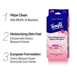 Tempo Cherry Blossom Wet Wipes 6 Packs, 99.9% Antibacterial
