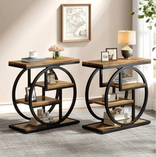 End Table Set of 2, 4-Tier Narrow Side Table with Storage Shelves, Wood Small Sofa Side Table with Geometric Metal Frame, Industrial Bedside Table for