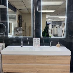 72" Double Sink Floating Natural Wood Color Bathroom Vanity 
