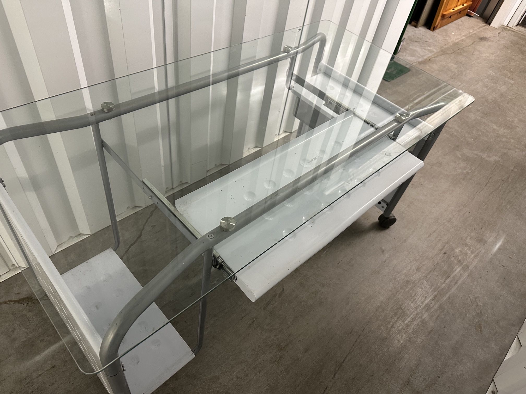 Glass Desk On Wheels With Sliding Keyboard Tray And Drawer