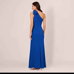 Formal Dress.  Stretch Crepe One Shoulder Mermaid Gown With Bow Accent In Violet Cobalt