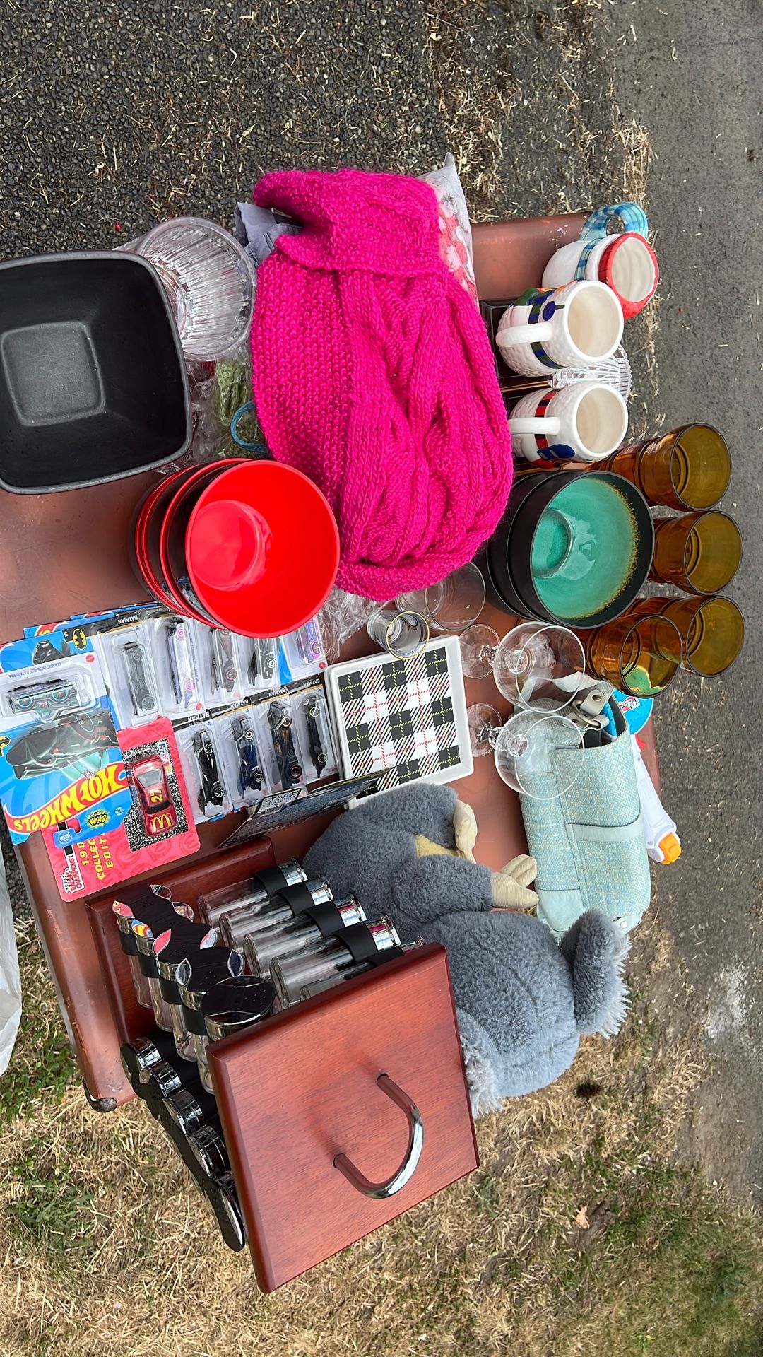 Dishes, Hot Wheels, Woven Baskets, Stuffed Animals