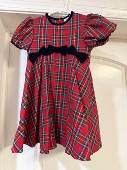 Vintage Pome Boutique Girls Red Tartan Plaid Dress Size 4 Velvet Bows Puff Sleeves
