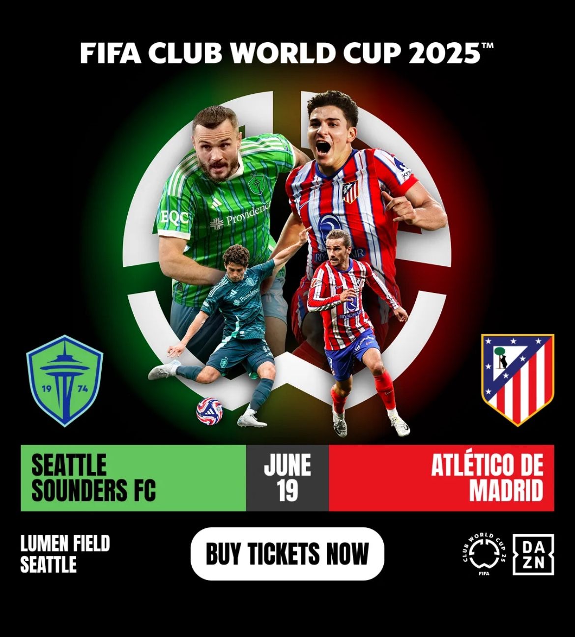 2 Tix - FIFA world Cup June 19 Sounders Vs Madrid - Lumen Field
