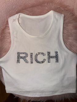 White Ribbed 'RICH' Rhinestone Crop Tank Top