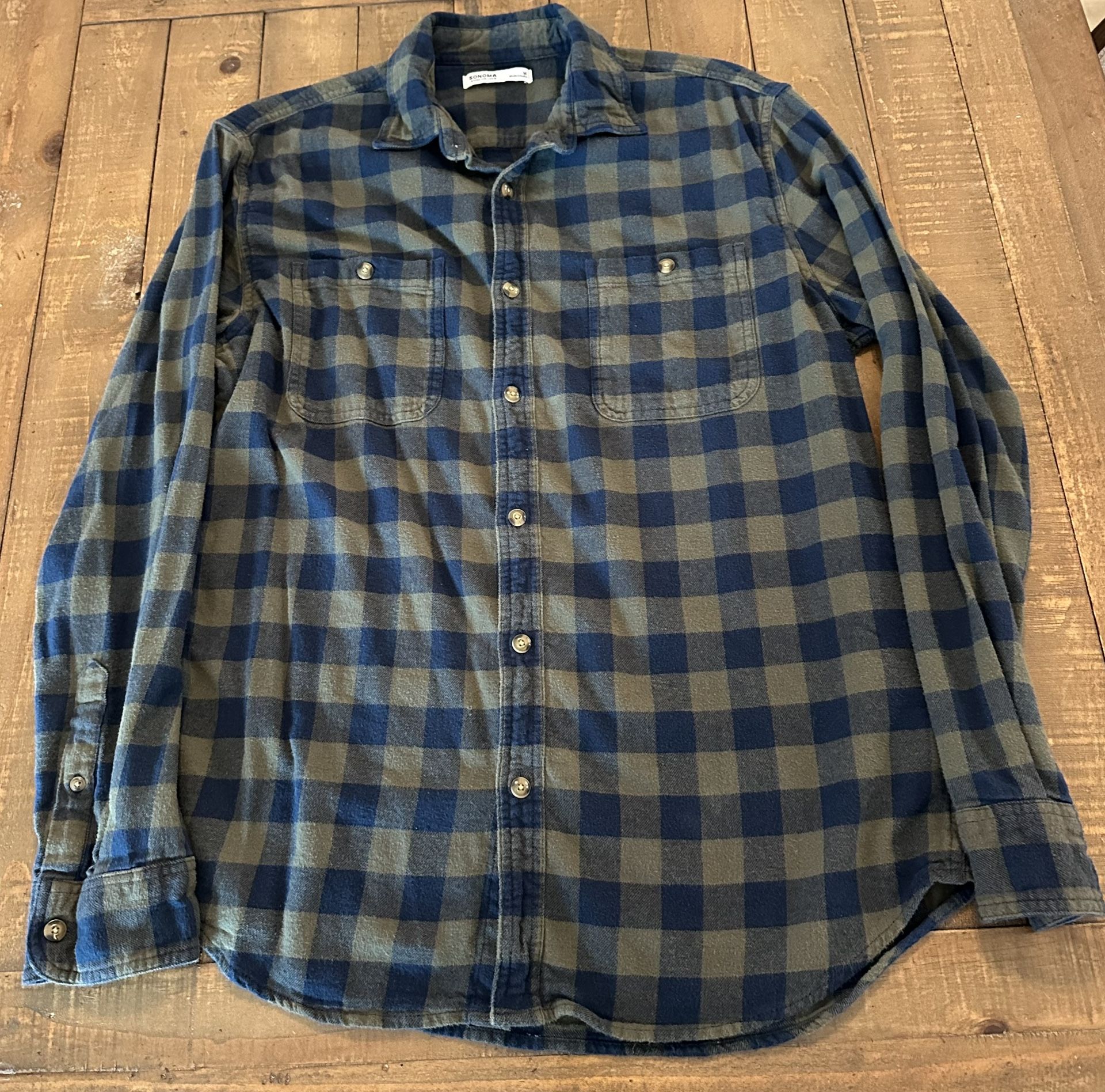 Sonoma Green And Blue Plaid Long Sleeve Flannel Shirt Mens Size Medium