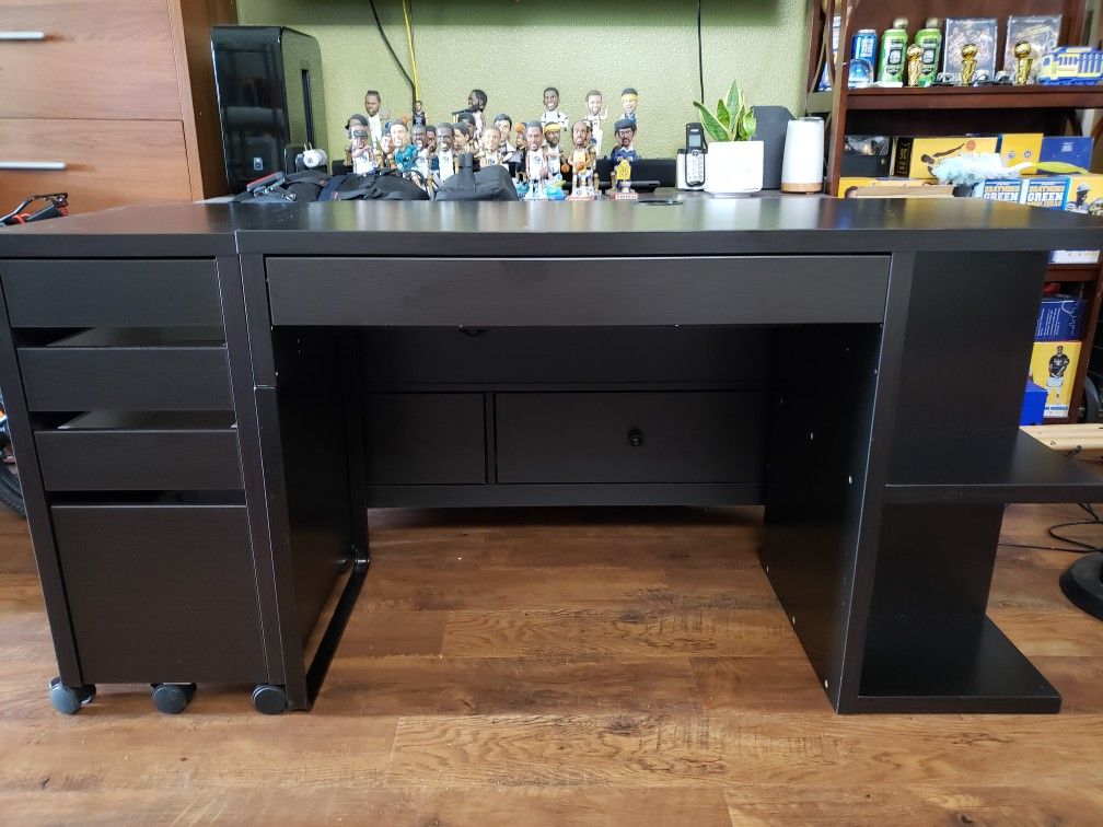 IKEA - MICKE Desk w/ Matching Filing Cabinet Bundle, Integrated Shelf, Right Configure, Black