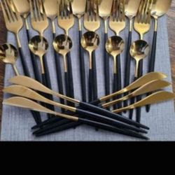 24 pcs Stainless steel silverware cutlery set gold and black((buy 5 sets get the 6th free)).