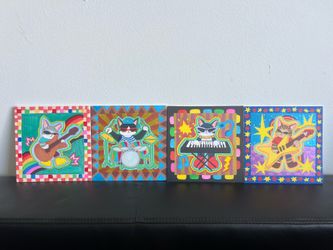 Set of 4-The Meow-sters of Rock hand painted 6”x6” inches acrylic painting on canvas panel