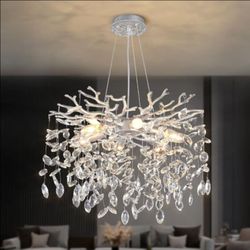 Candelabro moderno de cristal de rama de árbol, iluminación colgante de cristal plateado de lujo de 18 pulgadas,