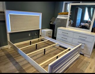 Brand New Weathered White Bedroom Set with LED Headboard
