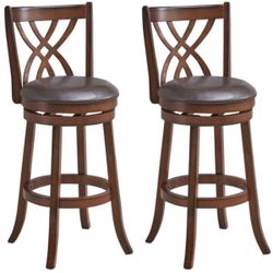 COSTWAY Set of 2 Bar Stools, 360° Swivel Chairs with Rubber Wood Frame, 30 Inch PU Leather Padded Seat and Footrest, for Kitchen Island, Dining Room, 