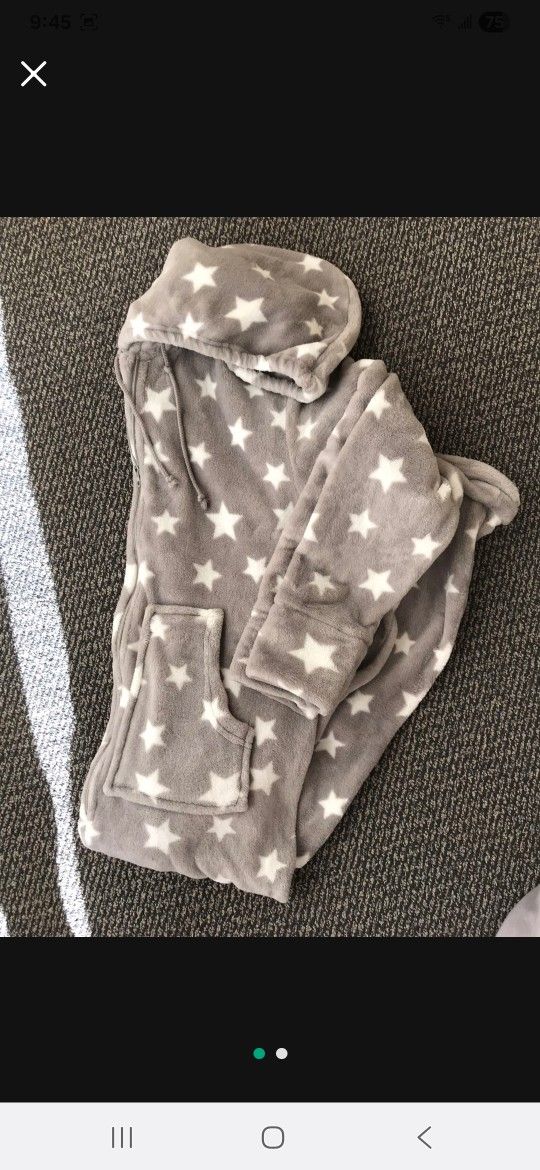 NEW Women Gray With Star Super Warm Cozy Thick Sherpa Fleece Hoodie Pajamas One Piece Jumpsuit PJ Sleep time Wear