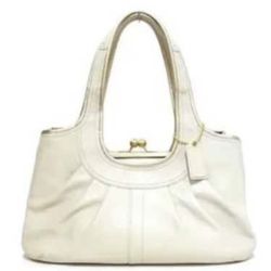COACH F14379 ERGO CHALK WHITE & METALIC GOLD LEATHER KISS LOCK HOBO BAG 🌟EUC🌟