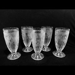 Jeanette Iris Clear Glass Set of 5 Footed Tumblers 6-1/8”. Excellent condition. Made in USA, discontinued pieces.