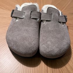 Birkenstock Boston Shearling Slides Size 38 Stone Grey