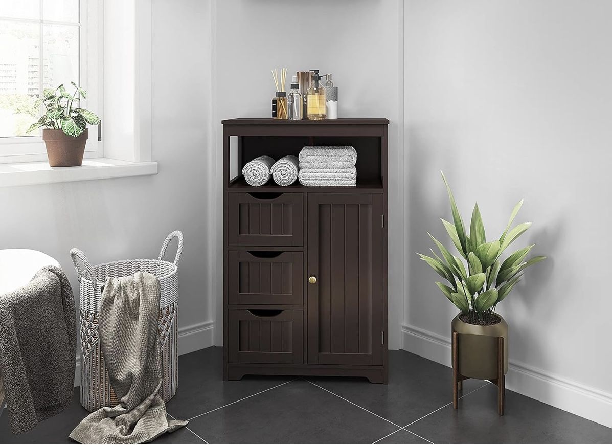 Wood Bathroom Floor Cabinet with 3 Drawers & 1 Cupboard, Free Standing Storage Organizer Hallway Entryway Cabinet for Living Room Kitchen, Espresso